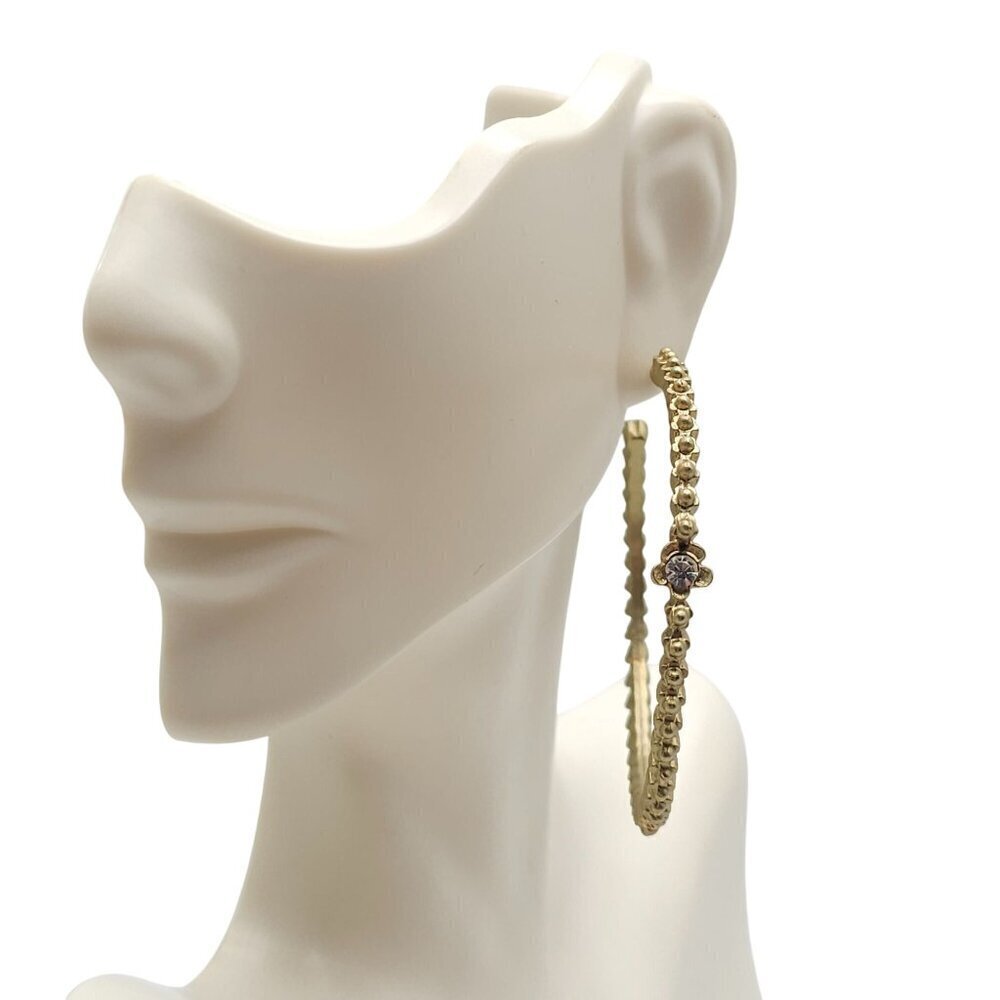 Gold Tone Textured Hoop Earrings With Rhinestone Flower Accents